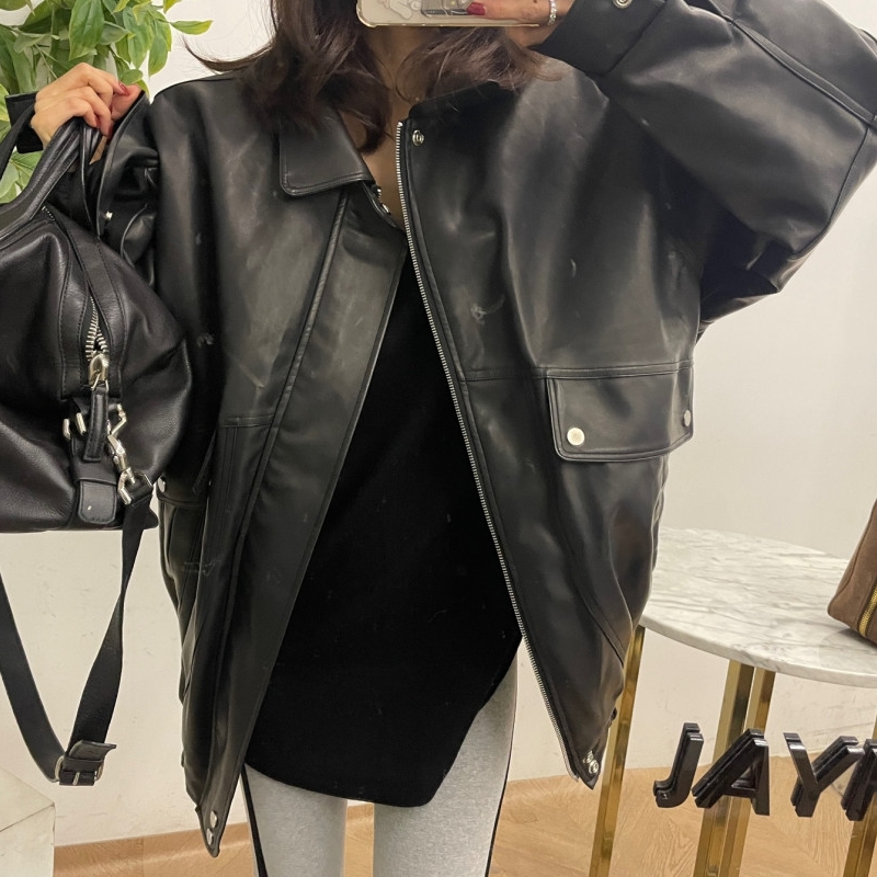 Retro Hong Kong style PU leather lining lambswool jacket