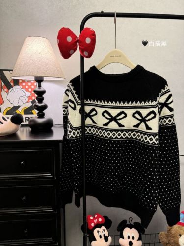 Sweet temperament round neck bow jacquard thickened versatile long-sleeved soft waxy knitted sweater for women