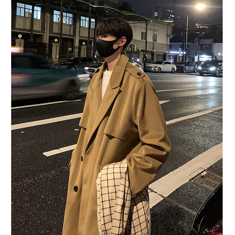 Heavy woolen coat for men in winter, advanced splicing design, long over-the-knee windbreaker jacket