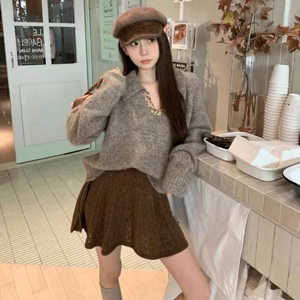 2024 new special milk coffee V-neck sweater new design lazy soft waxy sweater