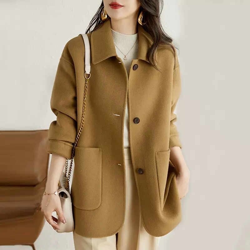 Woolen coat for women autumn and winter new Korean style camel simple woolen coat single breasted Hepburn style coat for women