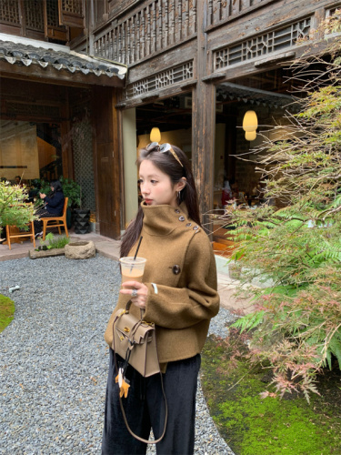 New style French half-high collar irregular design woolen casual short coat