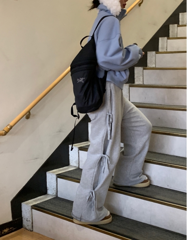 Spring terry style ~ 5 colors new Korean ins side strap bow sweatpants wide leg pants solid color