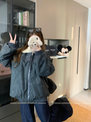 Real shot of high-end coffee PU leather cotton clothing fur collar cotton coat women's winter warm loose thickened jacket cotton-padded top