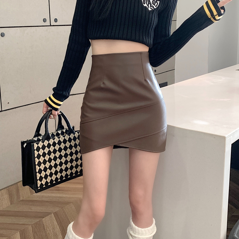 Actual shot of 2024 autumn and winter new Korean version a-line PU leather skirt high waist versatile temperament slit hip skirt skirt