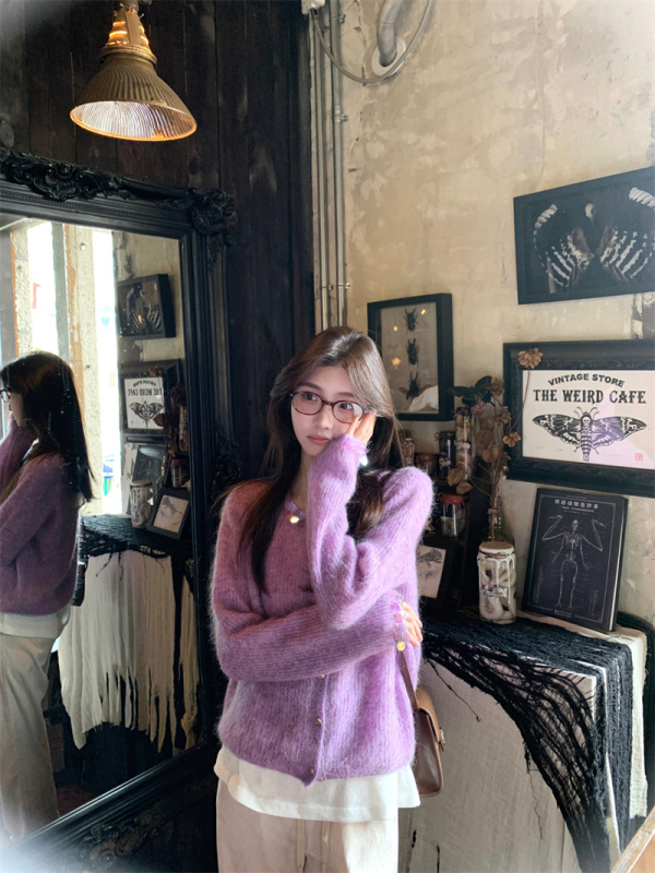 Mohair lazy purple knitted cardigan sweater