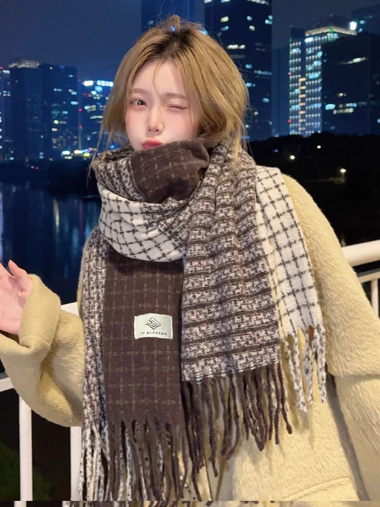 美拉德圍巾女款冬季高級感2024新款秋冬韓系千鳥格子長圍脖配大衣