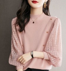 2024 spring style small fragrant style sweater for women spring and autumn half turtleneck bottoming sweater short lantern sleeve top