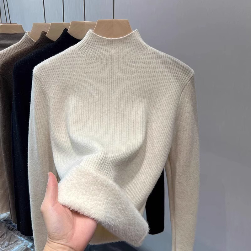 Turtleneck sweater for women in autumn and winter new style velvet thickened inner knitted bottoming shirt top with high-end feel