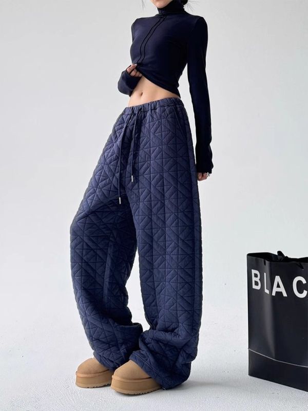 Diamond quilted cotton trousers straight leg women's winter thickened warm wide leg trousers