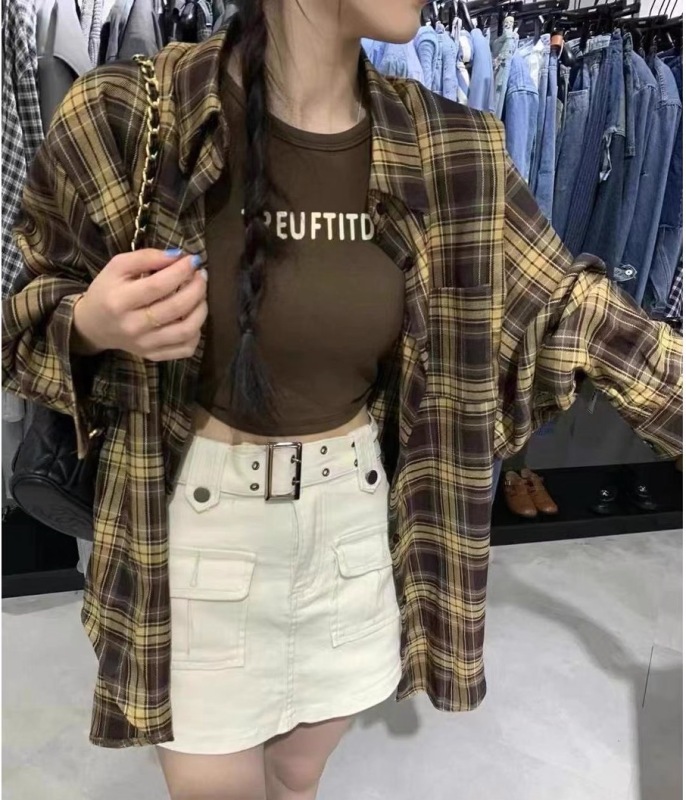 2024 Autumn Korean style retro loose plaid long-sleeved shirt with built-in chest pad vest two-piece trendy set