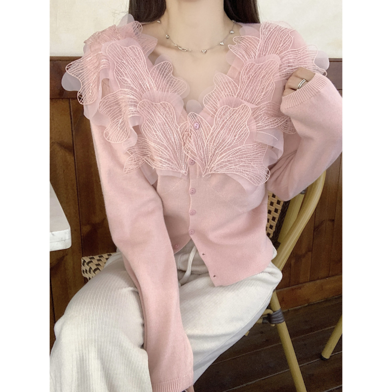 Autumn and winter Korean style pure desire lace with v-neck design Andy velvet sweater long-sleeved sweater jacket for women