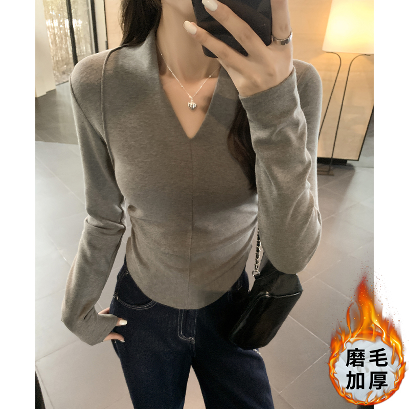 Real shot of pure lust hot girl sexy cashmere brushed bottoming shirt for women in autumn and winter with tight slimming fishbone top