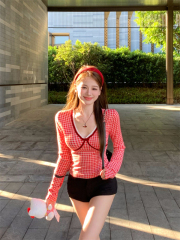 Sweet hot girl V-neck bow plaid long-sleeved top tight waisted short bottoming shirt for women