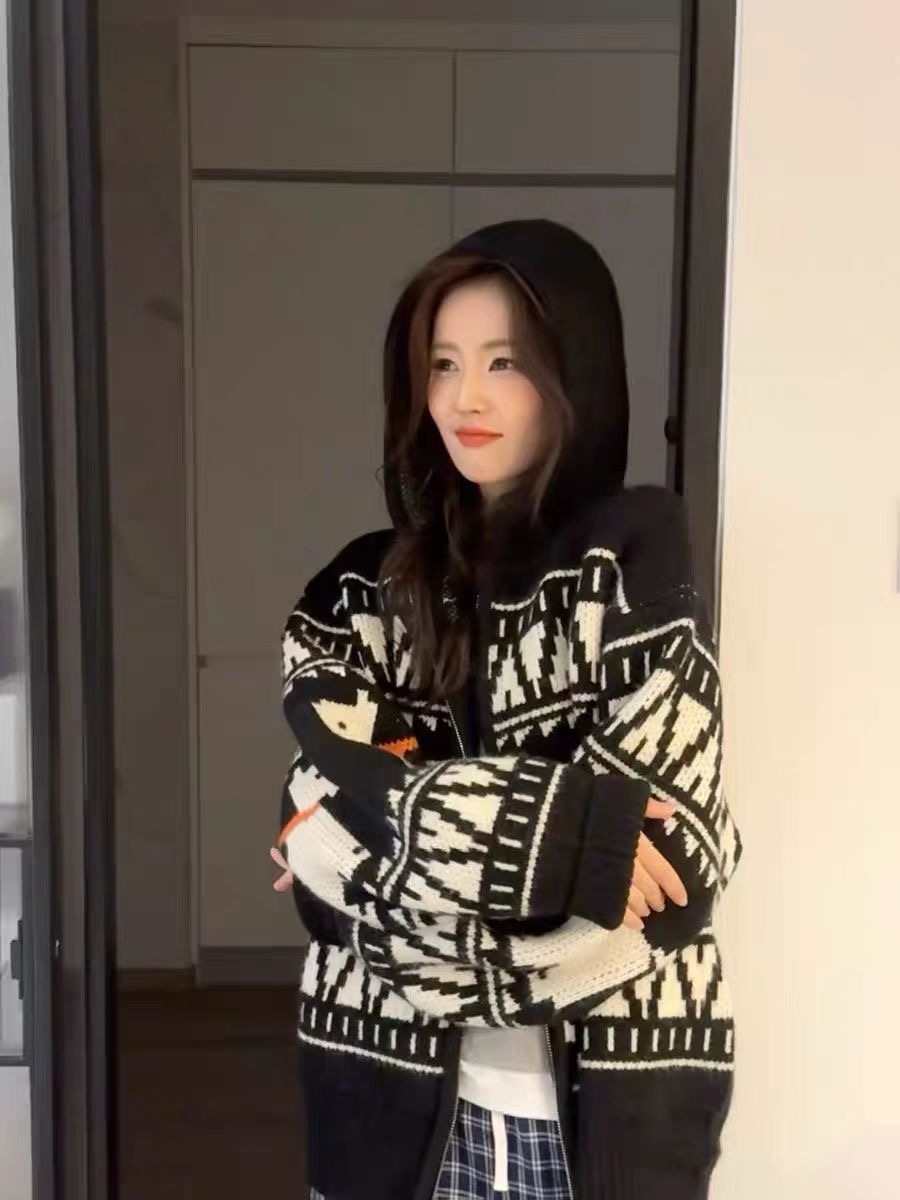 White Deer's same coat mosaic terrier French style lazy style hooded long-sleeved knitted cardigan coat for women winter new style