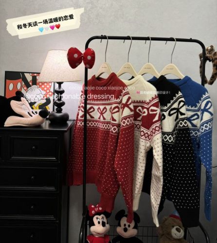 Sweet temperament round neck bow jacquard thickened versatile long-sleeved soft waxy knitted sweater for women
