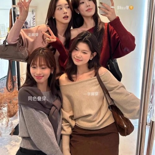 Lemon green tea gentle one-shoulder pullover sweater for women autumn and winter Korean style long-sleeved sweater