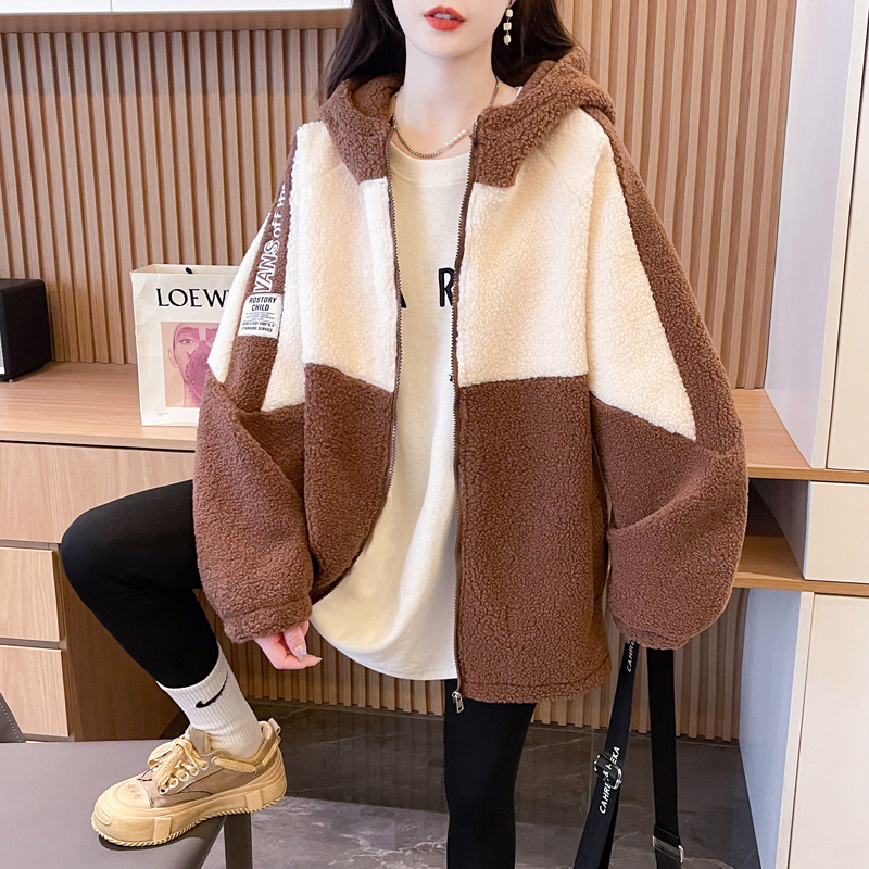 Real shot of grain velvet composite Austrian grain velvet 450g 2024 winter plus velvet sherpa hooded jacket sweatshirt for women