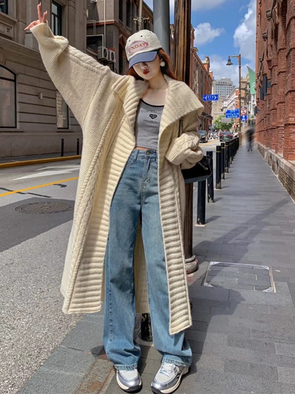 Atmosphere heavy industry lazy thick hemp large lapel knitted cardigan lazy temperament casual long sweater jacket