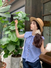 Real shot blue plaid lotus leaf collar sleeveless shirt for women new niche age-reducing chic doll collar vest top