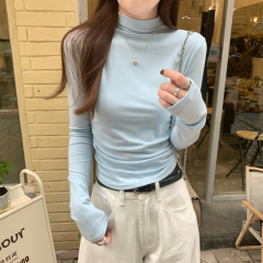 Autumn and winter Korean style half open collar slim pleated simple versatile long-sleeved T-shirt bottoming top for women