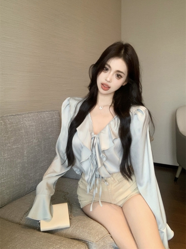 Real shot of French Royal Sister ruffled satin temperament lace-up slim long-sleeved shirt bell-sleeved top for women