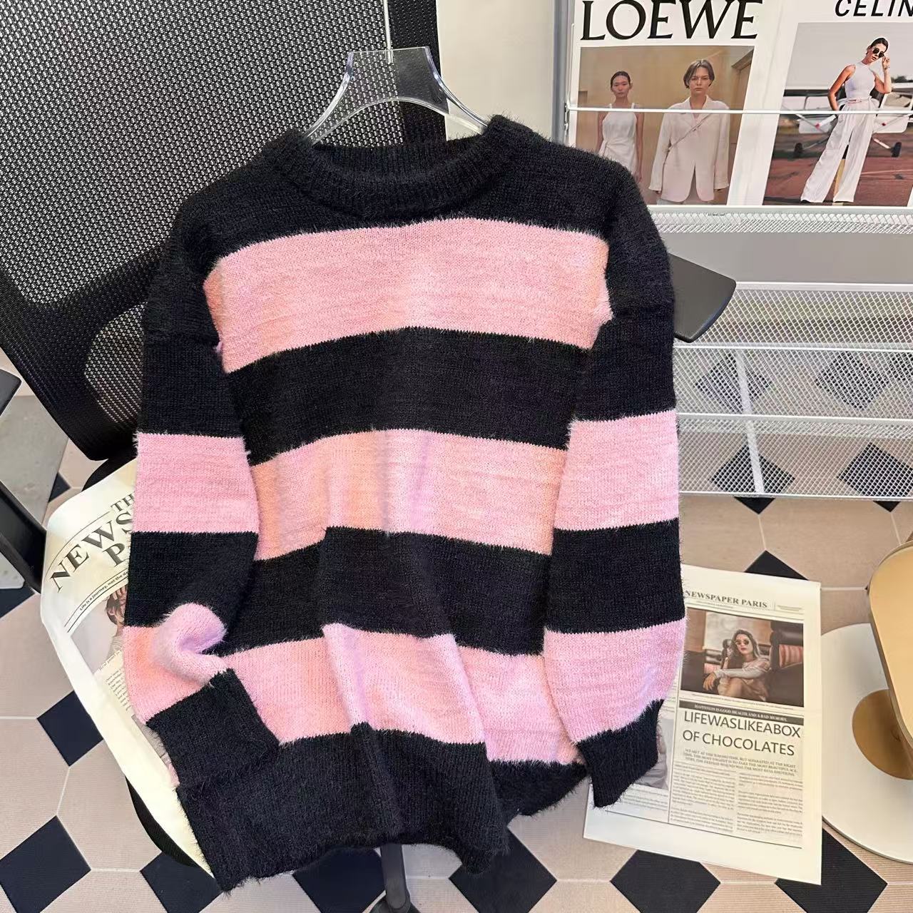 Actual shot of autumn 2024 new loose-shouldered lazy round-neck long-sleeved pullover striped imitation mink sweater