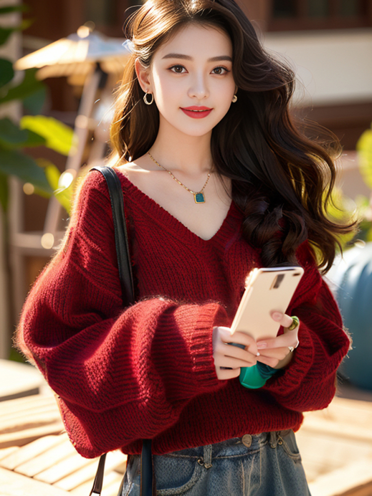 Early Autumn Atmosphere Autumn Cherry Ankola Maroon Dress Sweater Women's 2024 New Lantern Sleeve Top