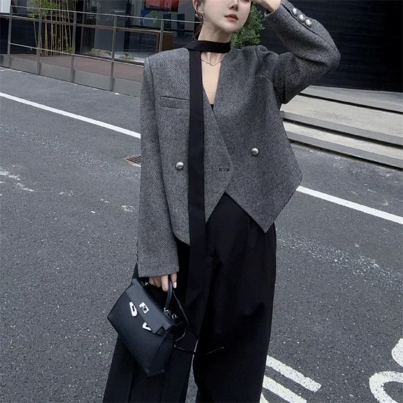 High-end ribbon blazer for women in autumn new design niche single-breasted short casual slim suit