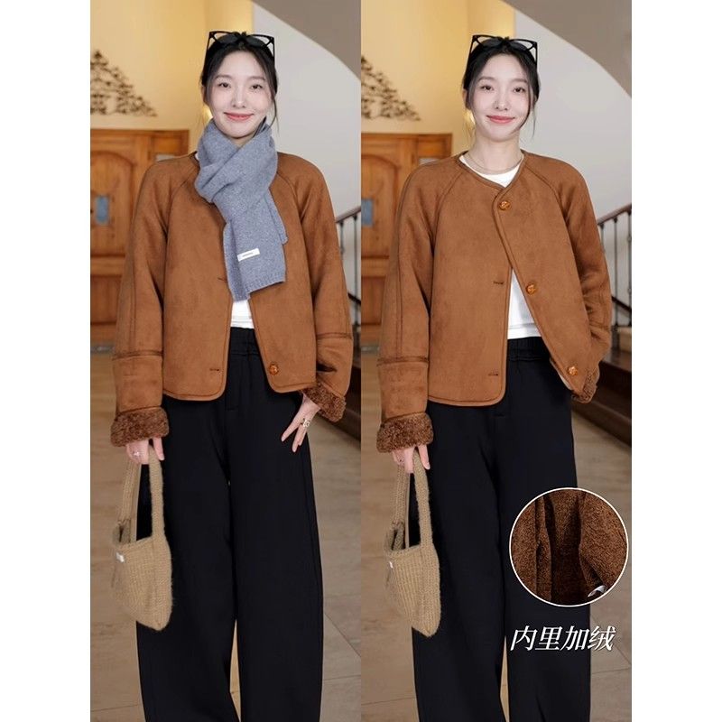 2024 new autumn and winter style retro warm and loose thickened suede jacket winter versatile plus velvet for student girls