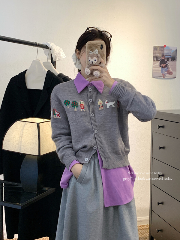 Real shot Cartoon pattern jacquard gray sweater cardigan top purple shirt high waist skirt