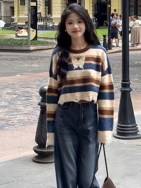 Early autumn women's 2024 new candy-colored wool sweater short striped long-sleeved bow sweater top