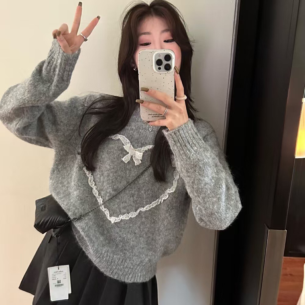 Lace love sweet pullover wool knitted top Korean style high-end round neck long-sleeved sweater for women autumn and winter thickening