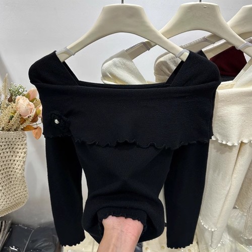 Korean French style one-shoulder ear-shaped floral off-shoulder sweater for women with design waist slimming top for winter