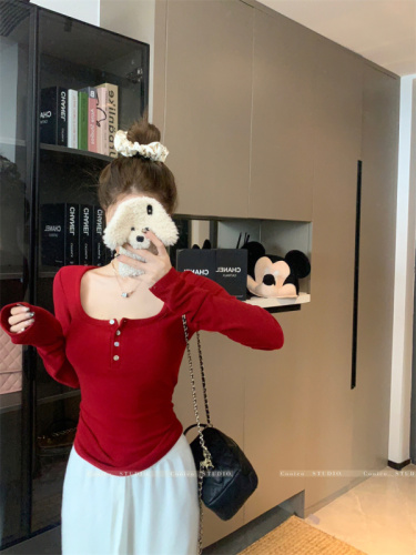 Pure Desire High Elastic Bottoming Women's Autumn and Winter Slim Fit Square Neck Top