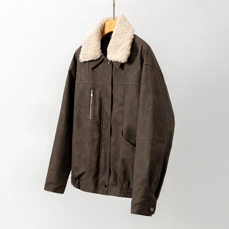 White bottom PU leather retro distressed fabric removable lamb fur collar jacket style cotton coat for men