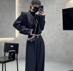 New style national-style buckle design retro high-waisted versatile casual short suit jacket two-piece straight-leg trousers set