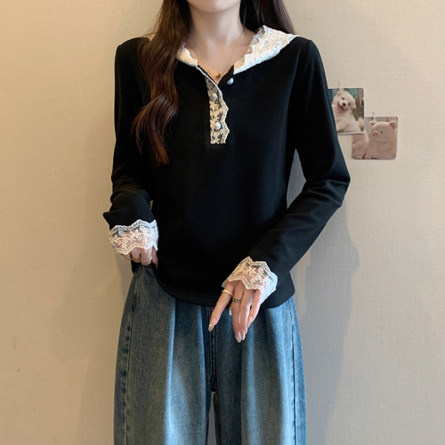 Real shot of 2024 new autumn and winter fat mm plus size women's French lace hooded thickened knitted bottoming shirt