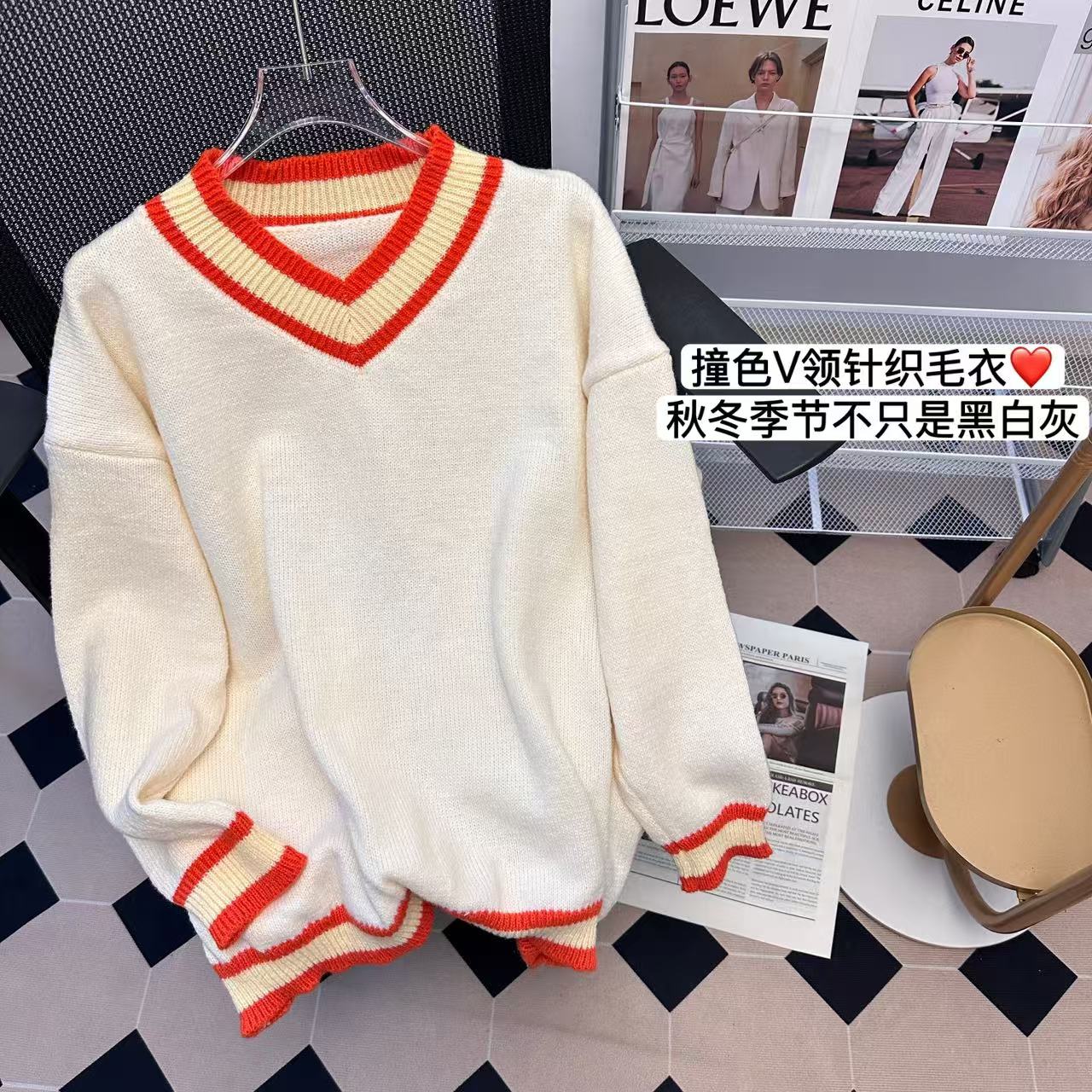 Real shot 2024 new contrasting color V-neck knitted sweater for women in autumn and winter, lazy, high-end, soft and waxy loose pullover top