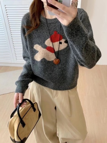 Lazy style soft waxy raccoon velvet red hat puppy pattern design inner base layer autumn and winter new warm sweater