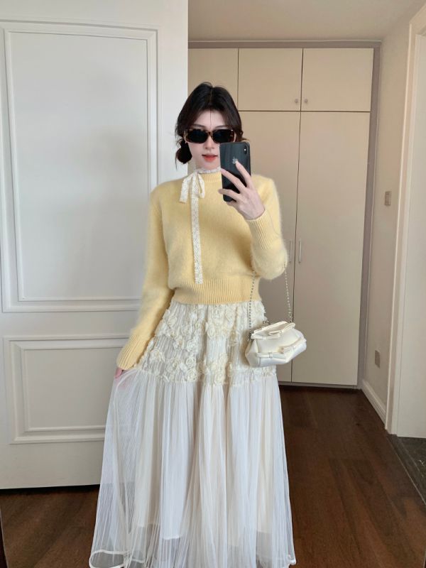 Popular design heavy industry three-dimensional flower team mesh skirt two-piece set
