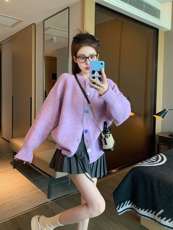 Purple design button sweater jacket for women 2024 new soft and lazy retro niche inner knitted cardigan