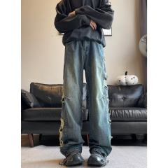 Autumn high-waisted washed jeans with large holes on the side, wide legs, handsome and slimming, and full of distressed feeling