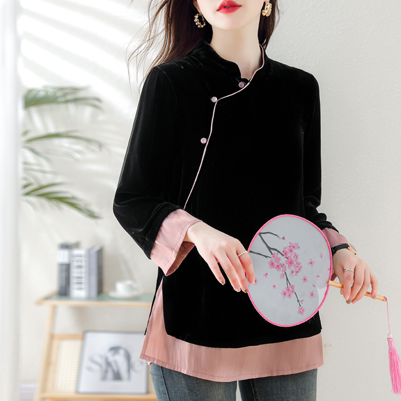 2024 Spring New Thin Velvet Splicing Top Large Size Chinese Style Fashion Retro Fake Two-piece Bottoming Shirt