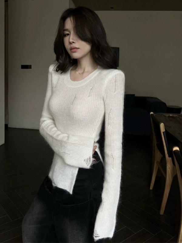 Korean style solid color irregular side slits to show your figure, autumn and winter tight-fitting skin-friendly knitted top with inner bottoming knitted sweater