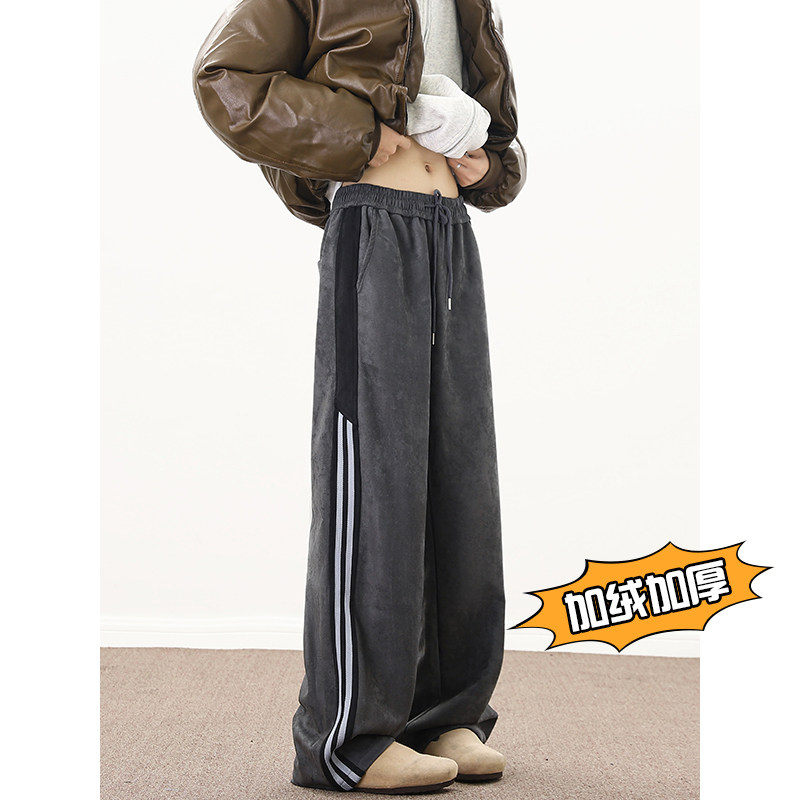 Hong Kong style suede splicing plus velvet thickened casual trousers