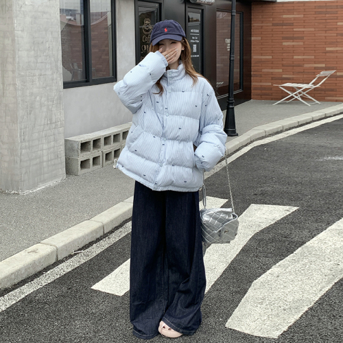 Real shot of blue striped cotton-padded jacket with bow knot cotton-padded jacket for women in autumn and winter warm loose stand-up collar cotton coat