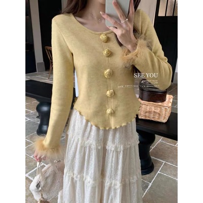 French style small fragrance rose button design real wool cuffs thickened fungus edge cashmere bottoming top for women