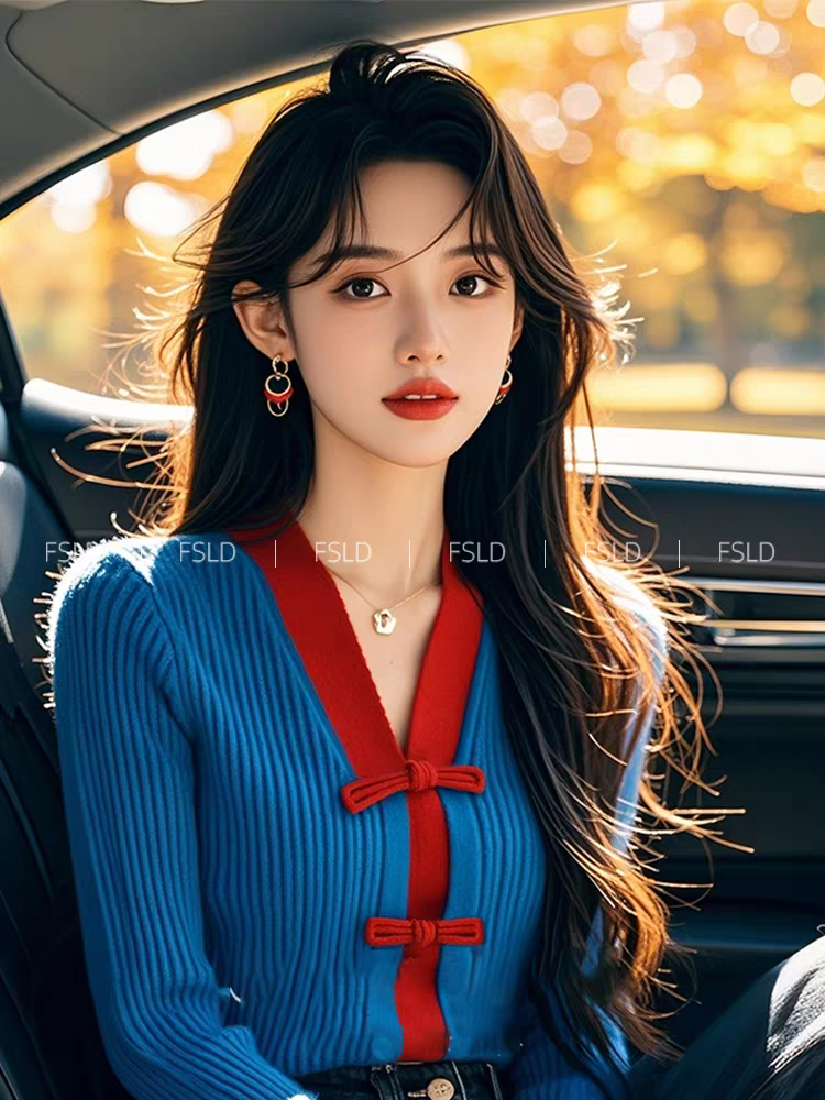 New Chinese style national style women's clothing, Mela blue outfit, cool and high-end top, blue knitted cardigan top, autumn