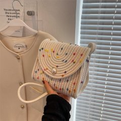 Summer new style straw woven small square bag, fashionable and versatile ins style crossbody bag, woven cotton thread handmade beach bag for women
